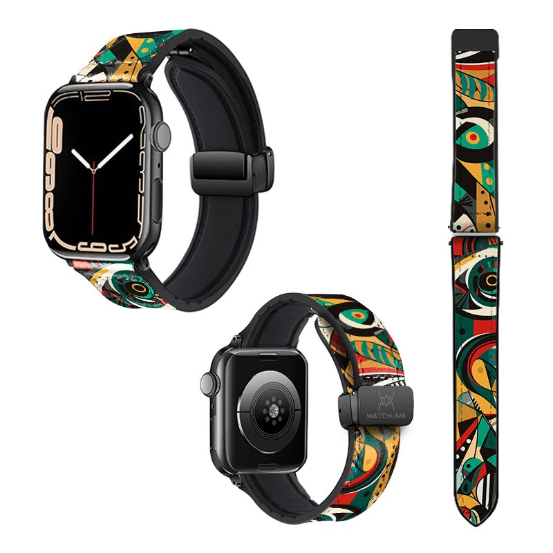 Bracelet Montre Pour Apple Iwatch 22 mm (38/40/41/42/44/45 mm)en silicone et cuir véritable : African Pattern