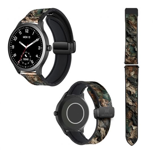 Bracelet Montre 22 mm en silicone et cuir véritable : Ecorce Bois