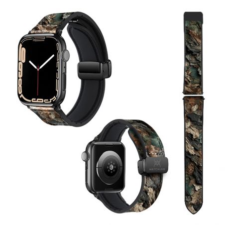 Bracelet Montre Pour Apple Iwatch 22 mm (38/40/41/42/44/45 mm)en silicone et cuir véritable : Ecorce Bois