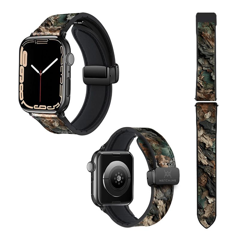 Bracelet Montre Pour Apple Iwatch 22 mm (38/40/41/42/44/45 mm)en silicone et cuir véritable : Ecorce Bois