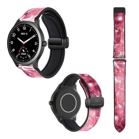 Bracelet Montre 22 mm en silicone et cuir véritable : Diamant Rose