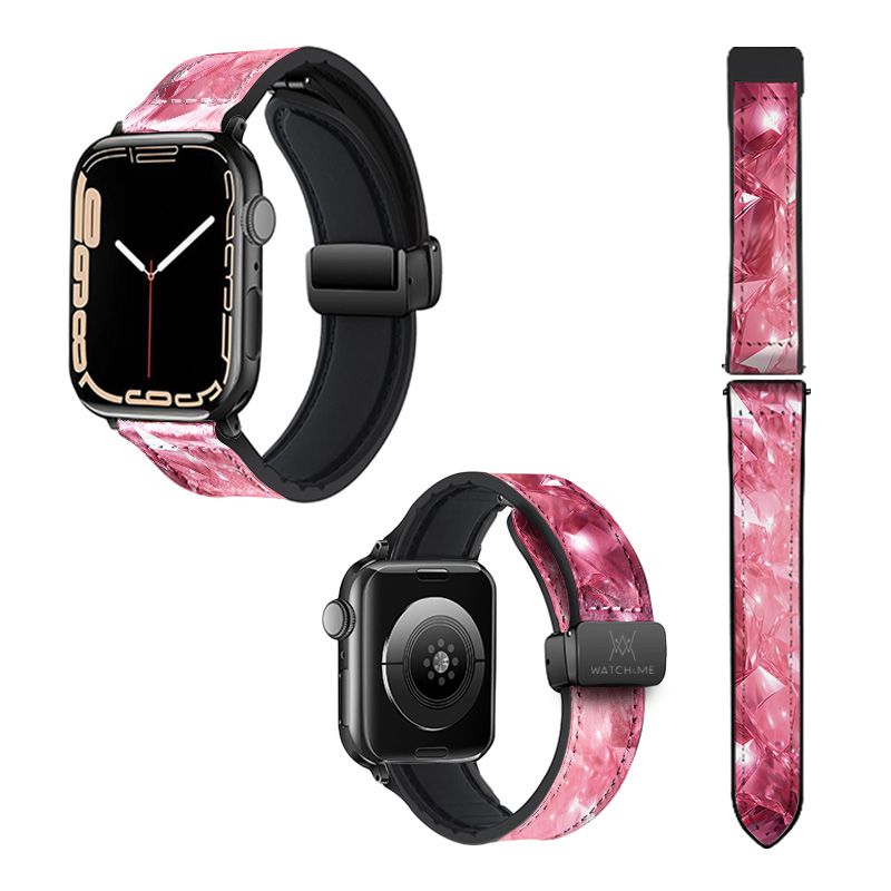 Bracelet Montre Pour Apple Iwatch 22 mm (38/40/41/42/44/45 mm)en silicone et cuir véritable : Diamant Rose