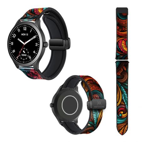 Bracelet Montre 22 mm en silicone et cuir véritable : Feuille Color