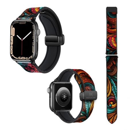 Bracelet Montre Pour Apple Iwatch 22 mm (38/40/41/42/44/45 mm)en silicone et cuir véritable : Feuille Color
