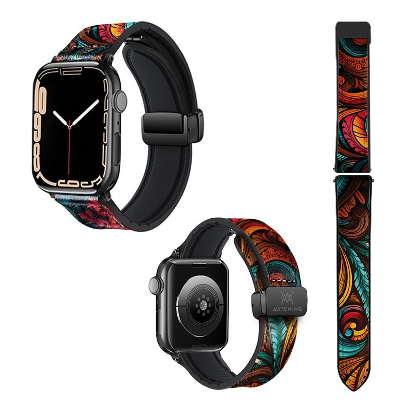 Bracelet Montre Pour Apple Iwatch 22 mm (38/40/41/42/44/45 mm)en silicone et cuir véritable : Feuille Color