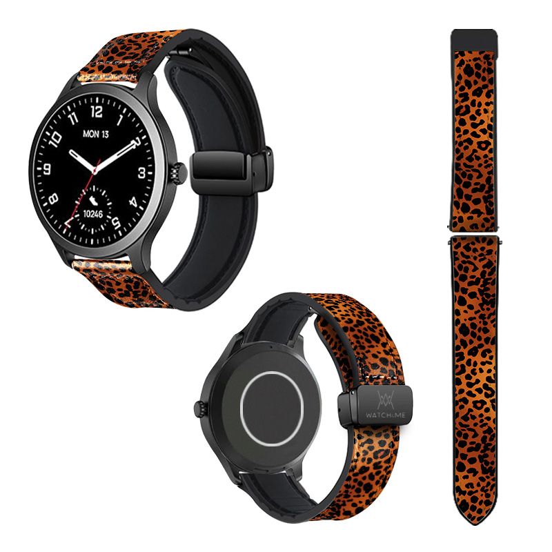 Bracelet Montre 22 mm en silicone et cuir véritable : Leopard