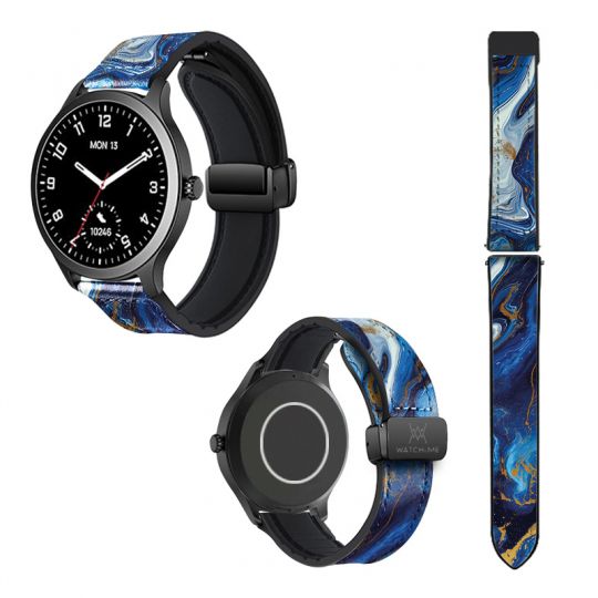 Bracelet Montre 22 mm en silicone et cuir véritable : Marbre Bleu