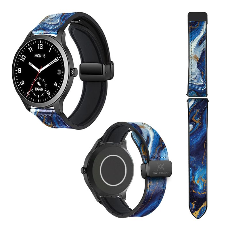 Bracelet Montre 22 mm en silicone et cuir véritable : Marbre Bleu