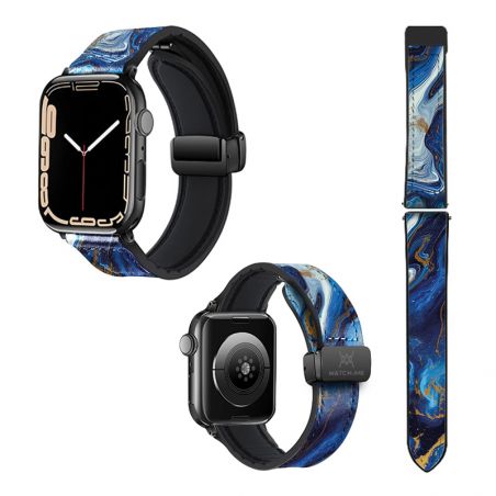 Bracelet Montre Pour Apple Iwatch 22 mm (38/40/41/42/44/45 mm)en silicone et cuir véritable : Marbre Bleu