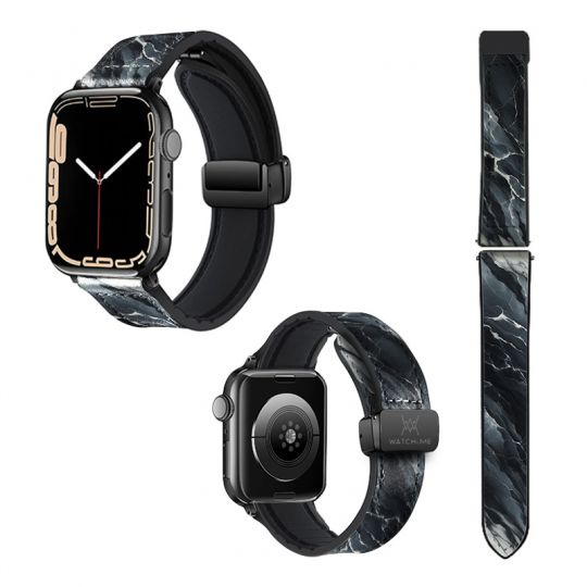 Bracelet Montre Pour Apple Iwatch 22 mm (38/40/41/42/44/45 mm)en silicone et cuir véritable : Marbre Noir