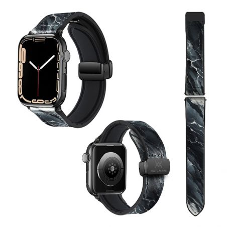 Bracelet Montre Pour Apple Iwatch 22 mm (38/40/41/42/44/45 mm)en silicone et cuir véritable : Marbre Noir