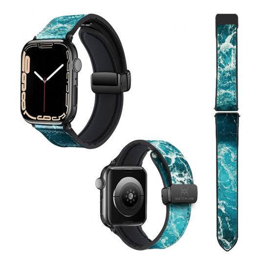 Bracelet Montre Pour Apple Iwatch 22 mm (38/40/41/42/44/45 mm)en silicone et cuir véritable : Ocean