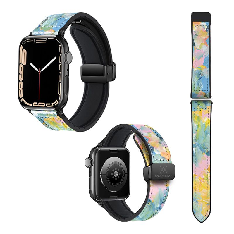 Bracelet Montre Pour Apple Iwatch 22 mm (38/40/41/42/44/45 mm)en silicone et cuir véritable : Pastel