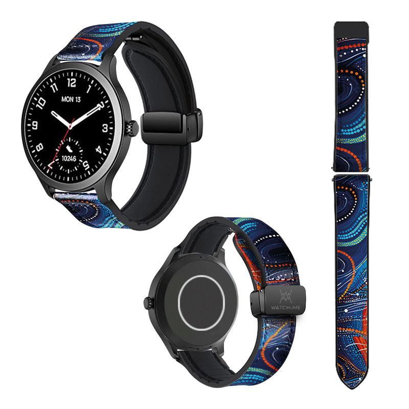 Bracelet Montre 22 mm en silicone et cuir véritable : Perles Bleues