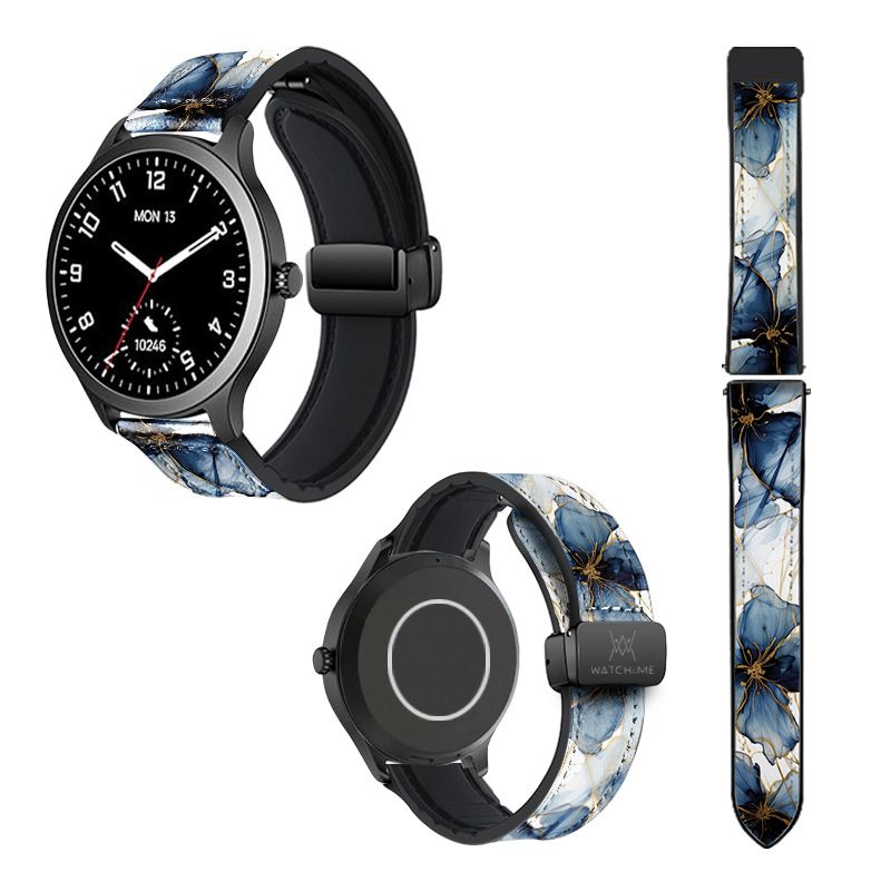 Bracelet Montre 22 mm en silicone et cuir véritable : Petales Bleues