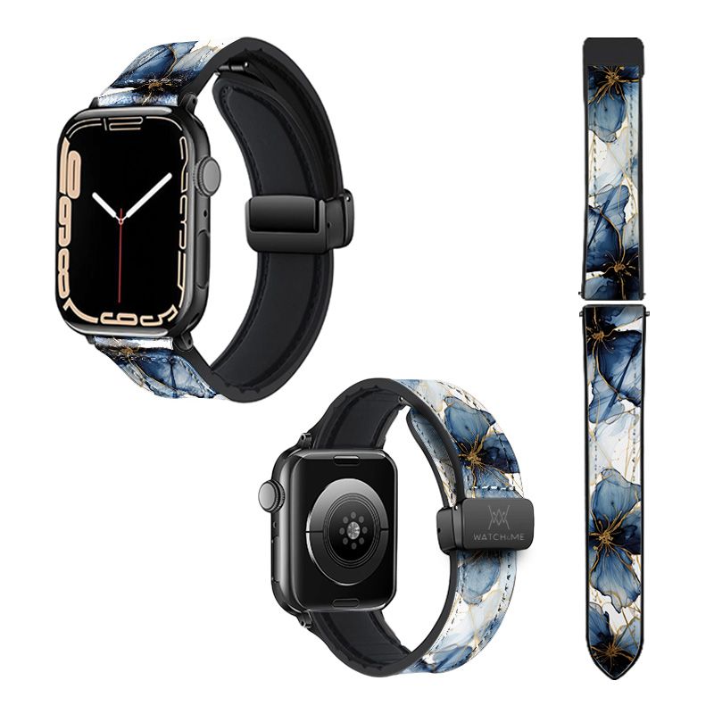 Bracelet Montre Pour Apple Iwatch 22 mm (38/40/41/42/44/45 mm)en silicone et cuir véritable : Petales Bleues