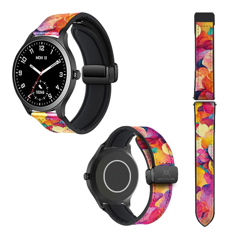 Bracelet Montre 22 mm en silicone et cuir véritable : Petales Multicolore