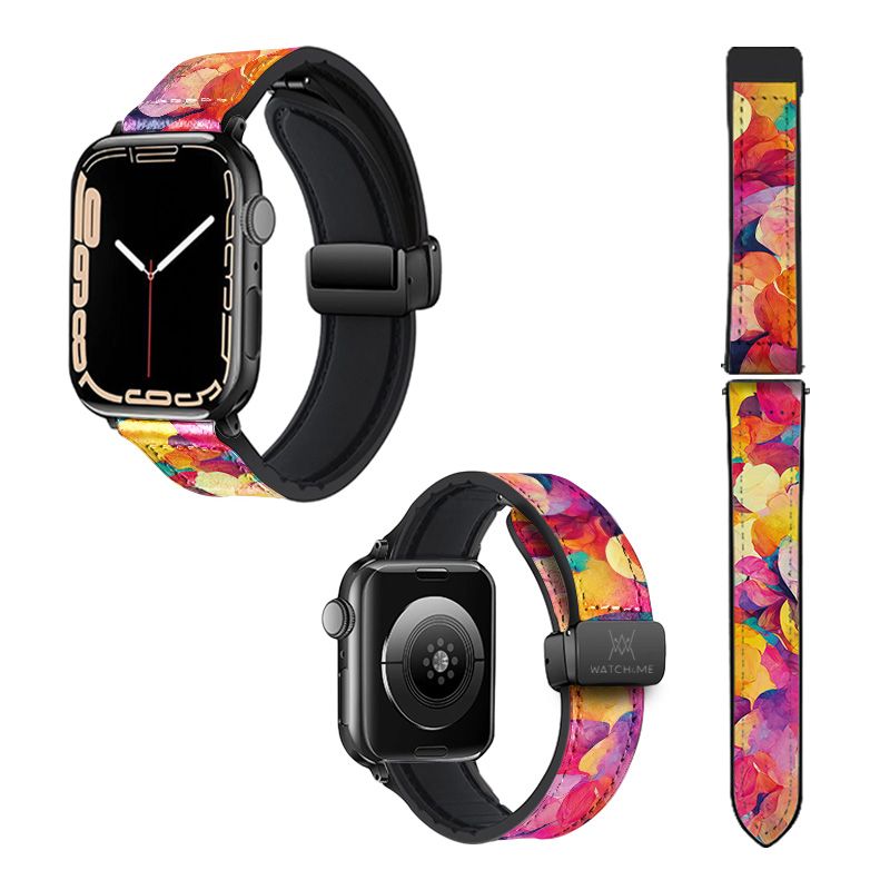 Bracelet Montre Pour Apple Iwatch 22 mm (38/40/41/42/44/45 mm)en silicone et cuir véritable : Petales Multicolore
