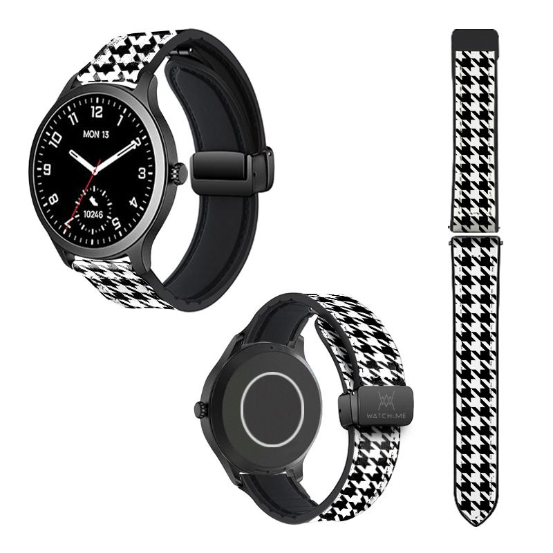 Bracelet Montre 22 mm en silicone et cuir véritable : Pied de Poule
