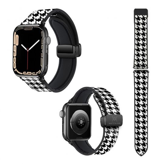 Bracelet Montre Pour Apple Iwatch 22 mm (38/40/41/42/44/45 mm)en silicone et cuir véritable : Pied de Poule