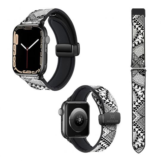 Bracelet Montre Pour Apple Iwatch 22 mm (38/40/41/42/44/45 mm)en silicone et cuir véritable : Polynésiens