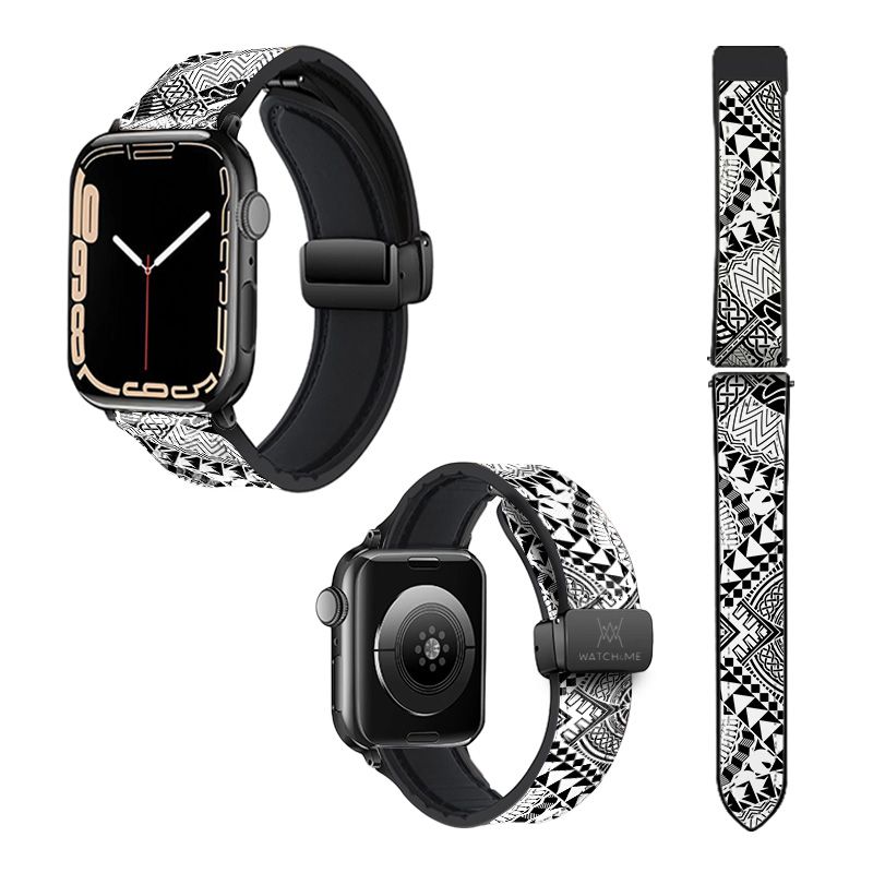 Bracelet Montre Pour Apple Iwatch 22 mm (38/40/41/42/44/45 mm)en silicone et cuir véritable : Polynésiens