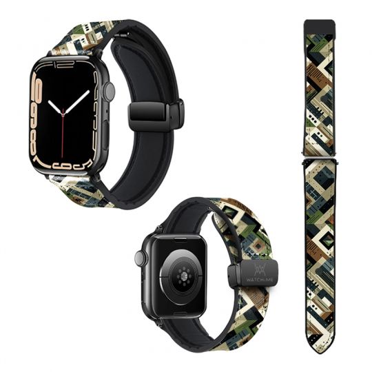 Bracelet Montre Pour Apple Iwatch 22 mm (38/40/41/42/44/45 mm)en silicone et cuir véritable : Camouflage
