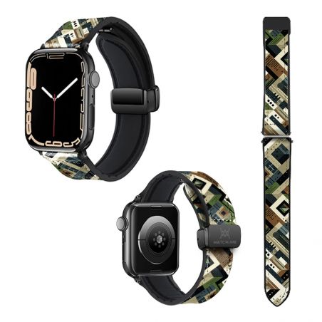 Bracelet Montre Pour Apple Iwatch 22 mm (38/40/41/42/44/45 mm)en silicone et cuir véritable : Camouflage
