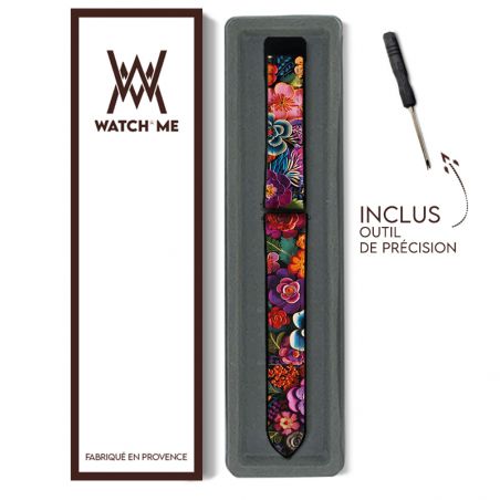 Bracelet Montre 22 mm en silicone et cuir véritable : Fleurs Colorees