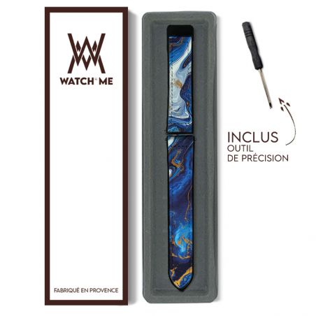 Bracelet Montre 22 mm en silicone et cuir véritable : Marbre Bleu