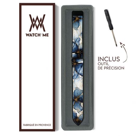 Bracelet Montre 22 mm en silicone et cuir véritable : Petales Bleues