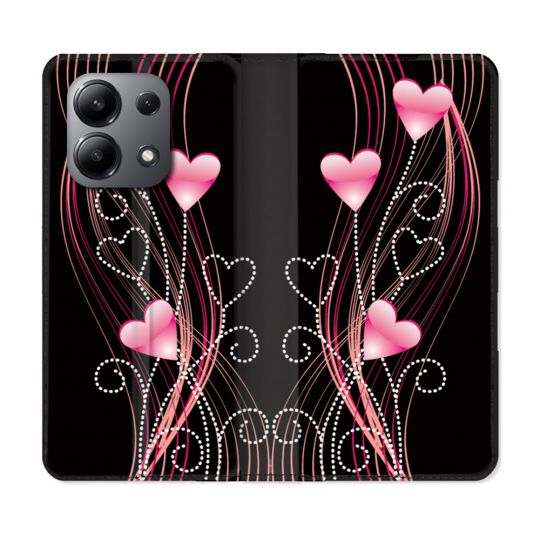 Housse cuir portefeuille pour Xiaomi Redmi Note 13 4G Amour Coeur Rose Montant sur Noir