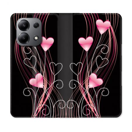 Housse cuir portefeuille pour Xiaomi Redmi Note 13 4G Amour Coeur Rose Montant sur Noir