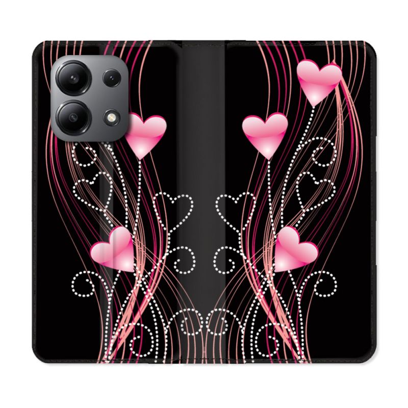Housse cuir portefeuille pour Xiaomi Redmi Note 13 4G Amour Coeur Rose Montant sur Noir