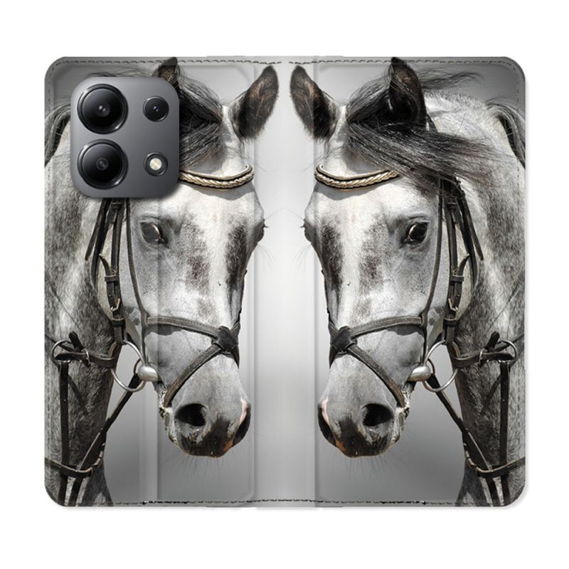 Housse cuir portefeuille pour Xiaomi Redmi Note 13 4G Animal Cheval Blanc