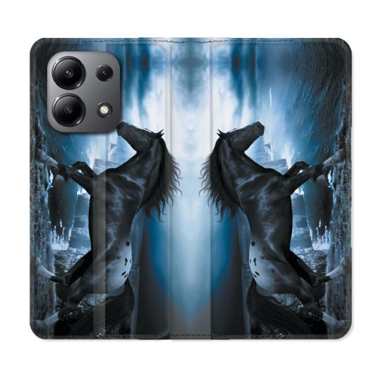 Housse cuir portefeuille pour Xiaomi Redmi Note 13 4G Animal Cheval Noir