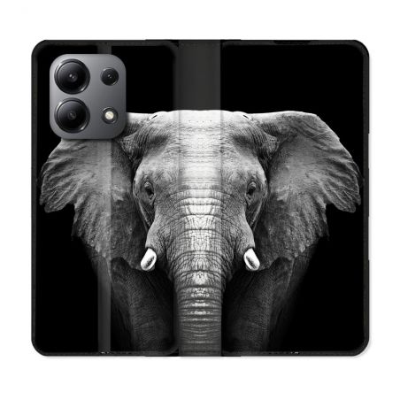 Housse cuir portefeuille pour Xiaomi Redmi Note 13 4G Animal Elephant Noir