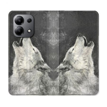 Housse cuir portefeuille pour Xiaomi Redmi Note 13 4G Animal Loup Hurlement