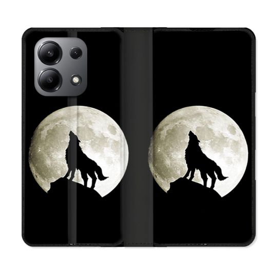 Housse cuir portefeuille pour Xiaomi Redmi Note 13 4G Animal Loup Noir