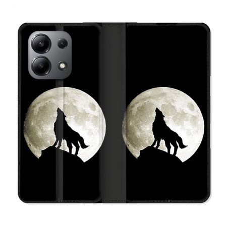 Housse cuir portefeuille pour Xiaomi Redmi Note 13 4G Animal Loup Noir