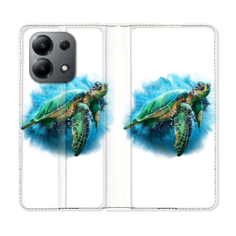Housse cuir portefeuille pour Xiaomi Redmi Note 13 4G Animal Tortue Blanche multicolore