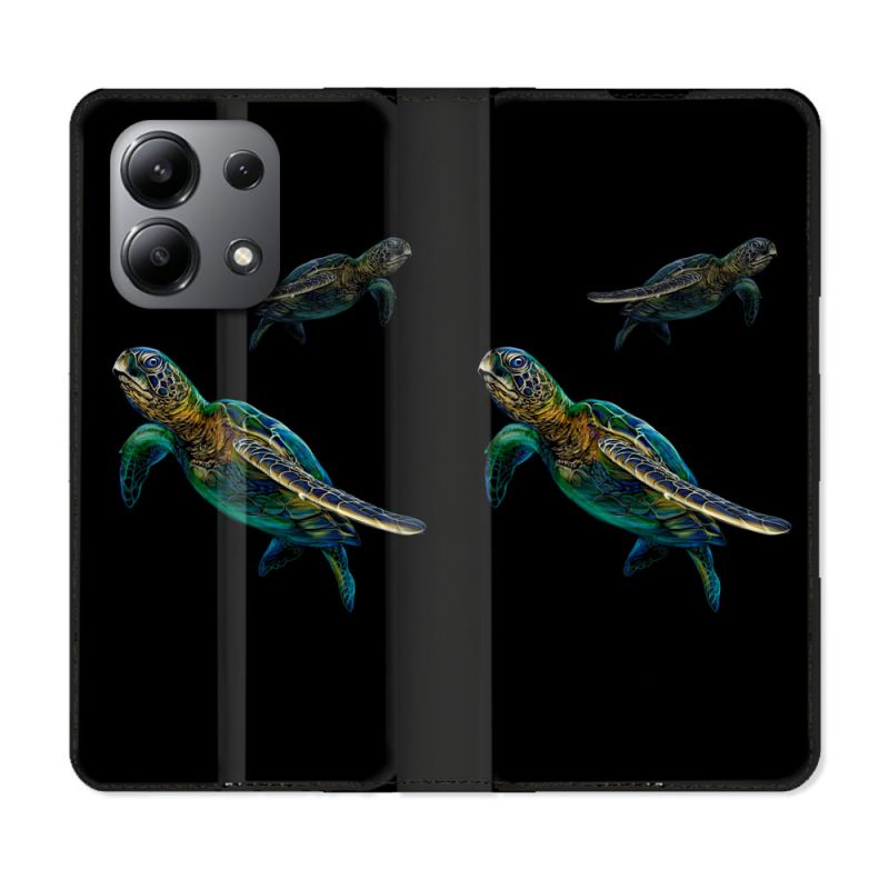 Housse cuir portefeuille pour Xiaomi Redmi Note 13 4G Animal Tortue Noire multicolore
