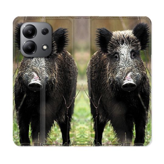 Housse cuir portefeuille pour Xiaomi Redmi Note 13 4G Chasse Sanglier bois