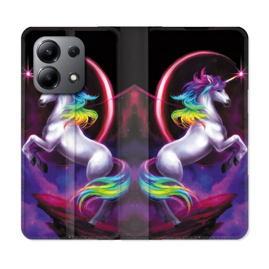 Housse cuir portefeuille pour Xiaomi Redmi Note 13 4G Fantastique Licorne Arc en ciel