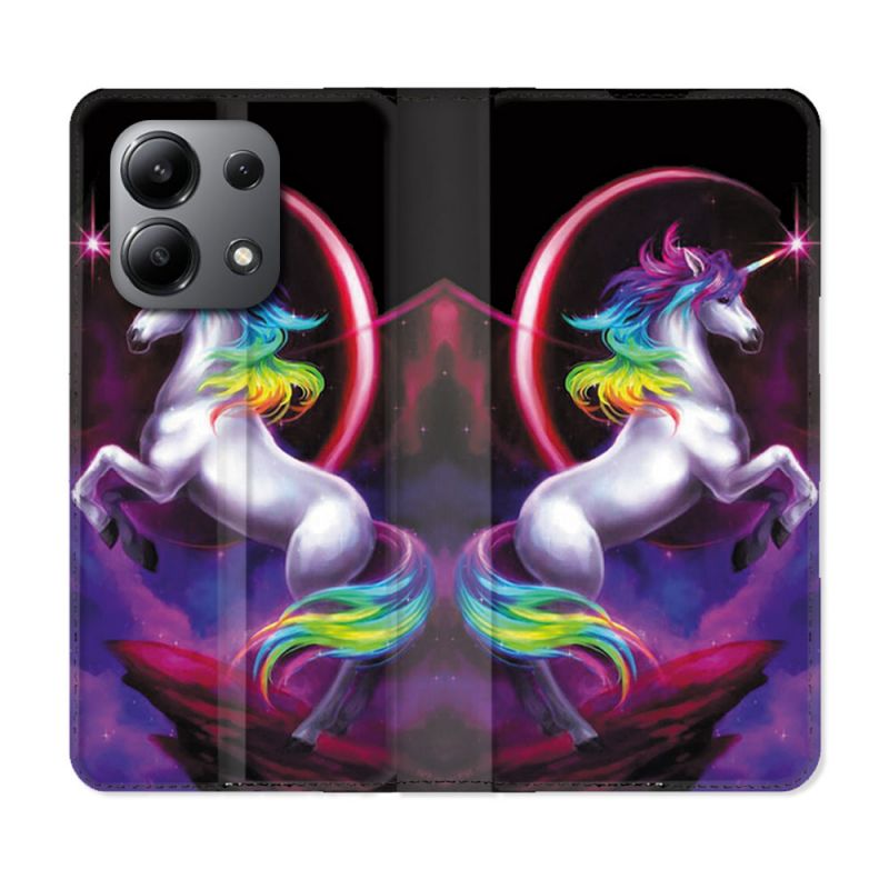 Housse cuir portefeuille pour Xiaomi Redmi Note 13 4G Fantastique Licorne Arc en ciel
