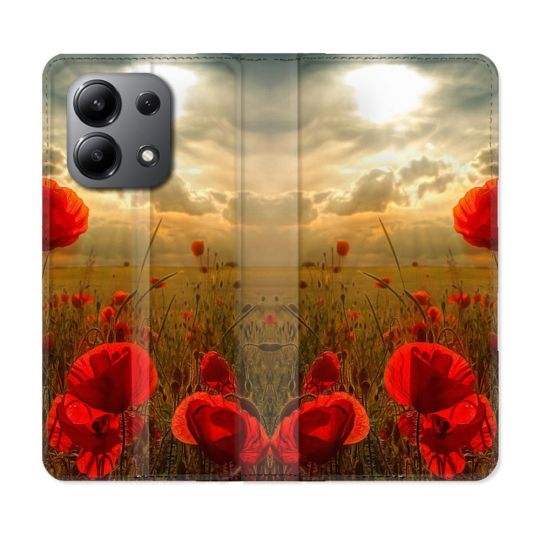 Housse cuir portefeuille pour Xiaomi Redmi Note 13 4G Fleur Coquelicot
