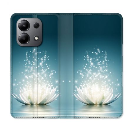 Housse cuir portefeuille pour Xiaomi Redmi Note 13 4G Fleur Lotus Blanc
