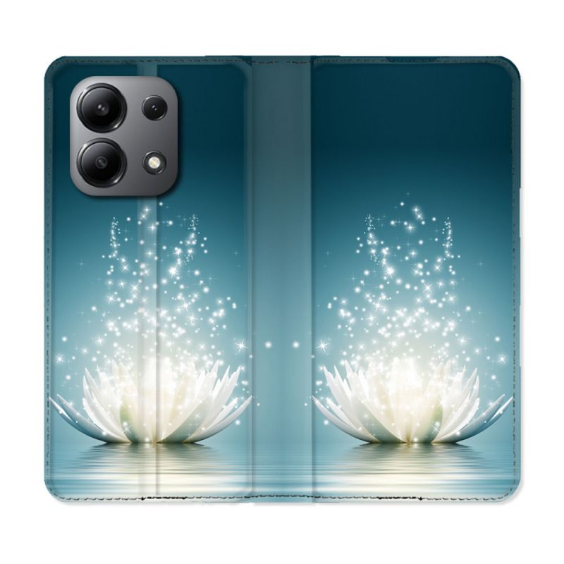 Housse cuir portefeuille pour Xiaomi Redmi Note 13 4G Fleur Lotus Blanc