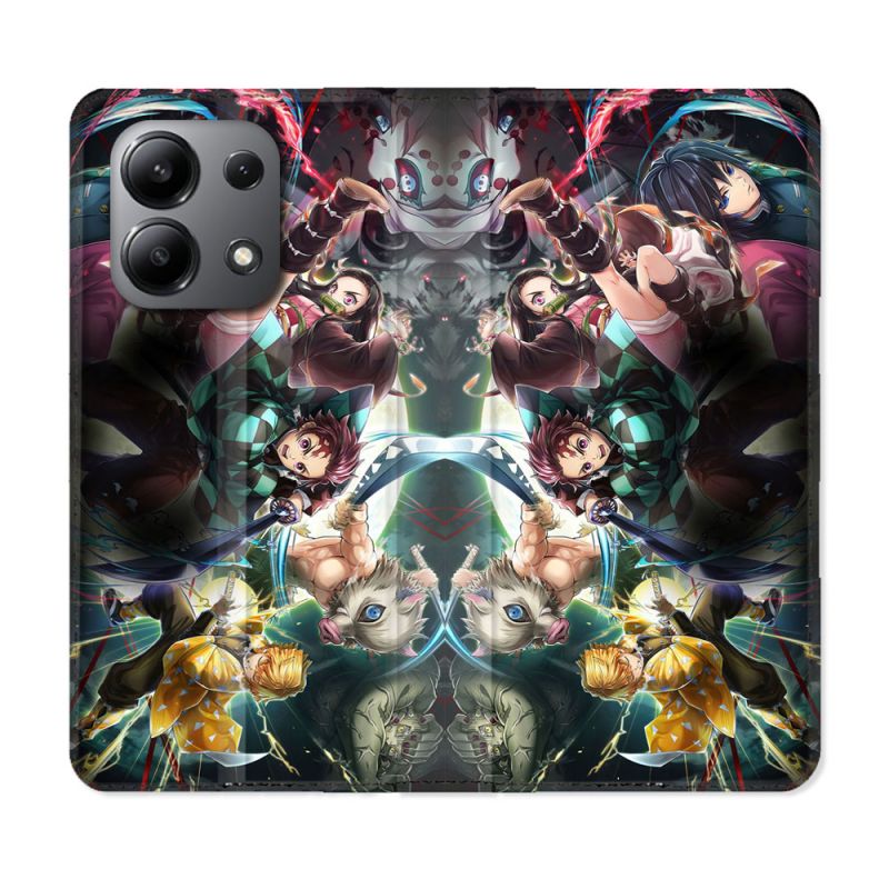 Housse cuir portefeuille pour Xiaomi Redmi Note 13 4G Manga Demon Slayer Groupe