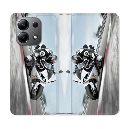 Housse cuir portefeuille pour Xiaomi Redmi Note 13 4G Moto Course GP Blanche